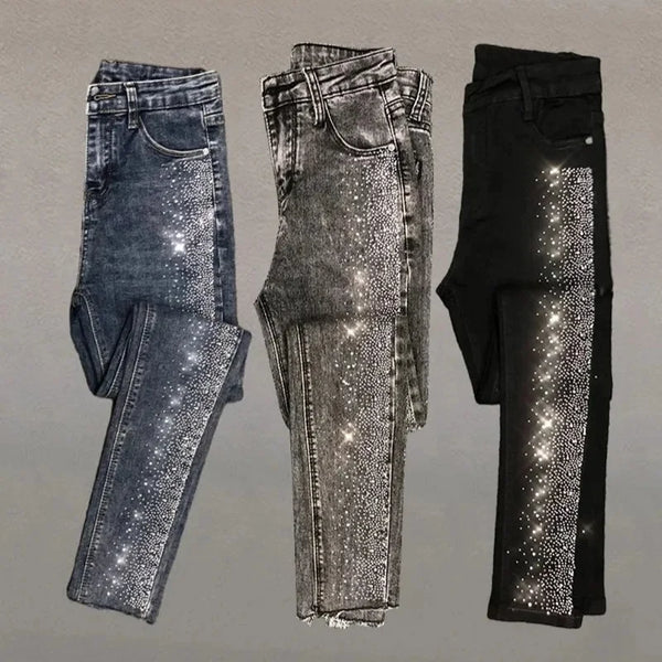 Fashion Rhinestone Jeans Female High Waist Slim Pencil Pants