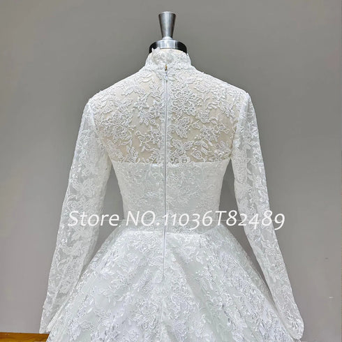 Hire Lnyer High Neck Zipper Back Lace Ball Gown Wedding Dresses