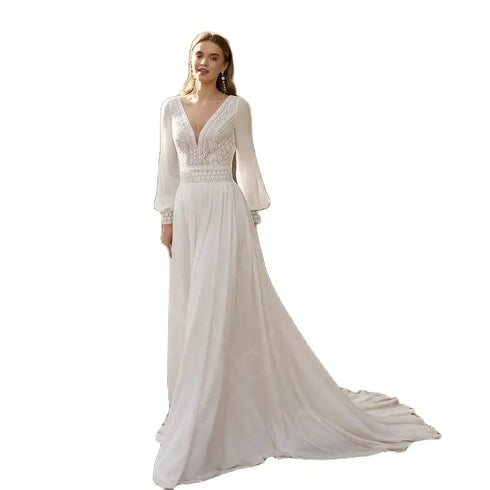 Charming Customized Beach Bridal Gowns with Long Sleeves and V Neckline