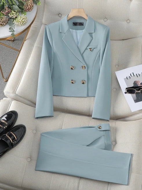 Chic Women's Office Suit Set: Long Sleeve Double Breasted Short Tops with Slim High Waisted Pencil Pants for Spring Fashion