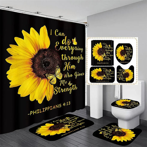 4 Piece Doormat Shower Curtain Set with Non-Slip Rugs Toilet Seat Cover and Bath Carpet for Bathroom Decor
