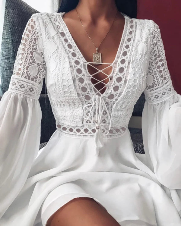 Women's A Line Short Mini Dress Long Sleeve Ruffle Chiffon V Neck