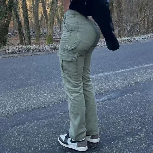 Women High Waist High Elastic Solid Jeans Workwear Cargo Pants