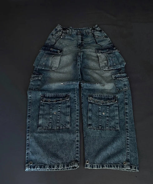 Baggy Jeans Streetwear Harajuku High Waist Multi Pocket Washed Denim Jeans For Men And Women