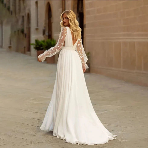 Customized Sexy Wedding Dresses Deep V Neck Long Sleeves Bridal Gowns A-Line Chiffon with Backless Lace