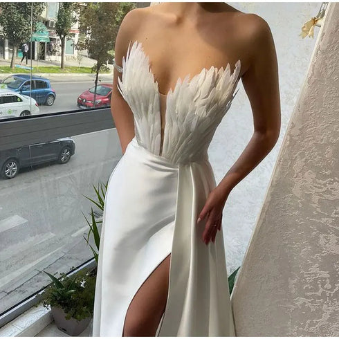 White Angel Feather Dress Luxury Design Women's Off Shoulder Elegant Long Dress for Parties and Weddings
