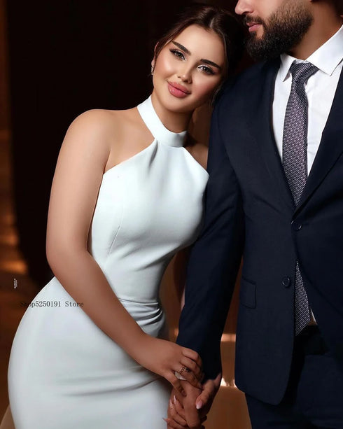 Elegant Halter Thick Satin Mermaid Wedding Dresses Sweep Train Custom Made