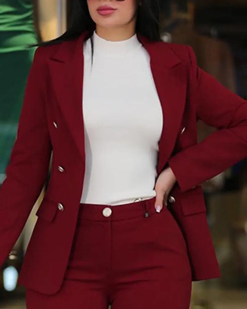 Chic Women's Long Sleeve Suit with Slim-Fit Wrap Buttock Pencil Pants – Elegant 2 Piece Office Ensemble for Autumn and Winter Fashion