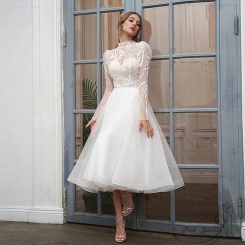 Customized High Neck Short Wedding Dress Full Sleeve Applique Soft Tulle Organza Bridal Gown