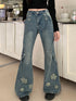 Fashion Blue Denim Pants Women Embroidery Star High Waist Slim Bell Bottoms Streetwear Vintage Kpop