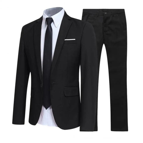 1 Set Men Jacket Pants Solid Color Turndown Collar Slim Fit Business Suit Set for Wedding Office