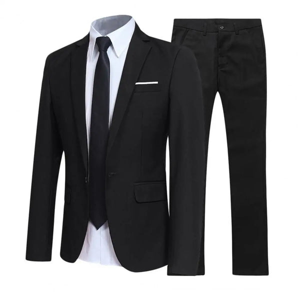 1 Set Men Jacket Pants Solid Color Turndown Collar Slim Fit Business Suit Set for Wedding Office