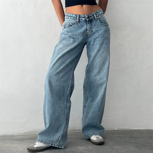 Y2K Inspired Wide Leg Denim Pants for Women - Trendy Low Waist Jeans with Multi Pockets Perfect for Summer Streetwear and Fall Outfits