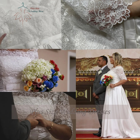 Modern Wedding Dresses Boat Neck Half Sleeves Bridal Gowns Lace Appliques A-Line Court-Train