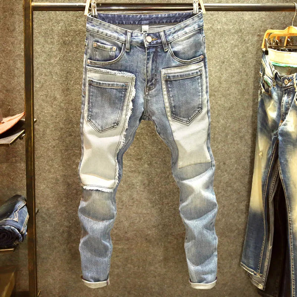 Men Jeans Long Pants Denim Pencil Pant Splice Casual Trousers