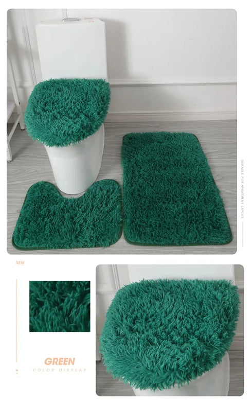 3 Piece Solid Color Bathroom Carpet Set Non-Slip Toilet Lid Cover Rugs Kit