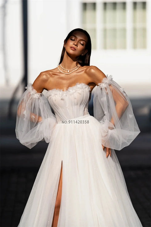 Exquisite Sweetheart Beach Wedding Dresses Off The Shoulder Puff Sleeve Lace Appliques Bridal Gowns