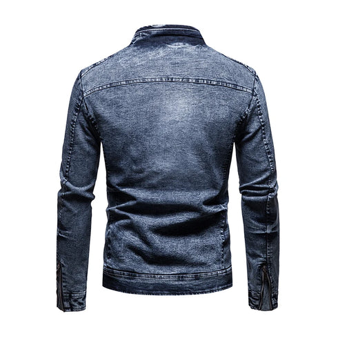 Men's Retro Slim Fit Jean Jacket with Stand Collar for Autumn and Winter - Stylish Casual Motorcycle Outerwear