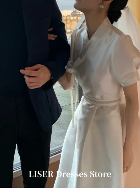 A-Line Elegant Wedding Dress With Lace-Up Back Short Sleeves Silk Satin Modern Gown