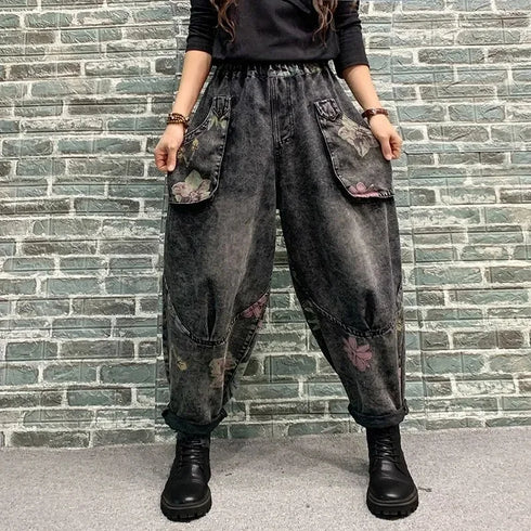 Harem Style Printed Jeans For Women Elastic Waist Denim Pants Casual Loose Relaxed Fit