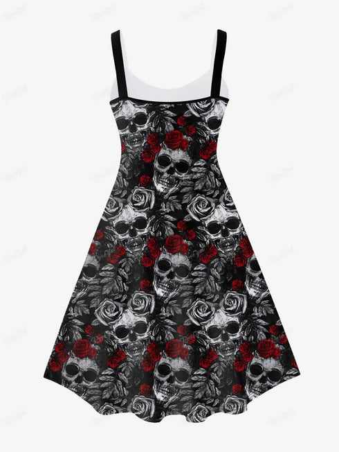 Plus Size Gothic Printed Sleeveless Dress for Women with Skull Rose Graphic