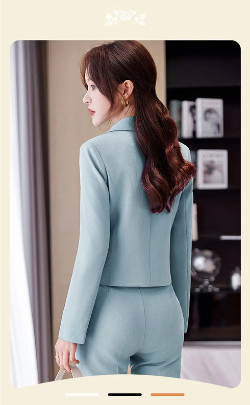Chic Women's Office Suit Set: Long Sleeve Double Breasted Short Tops with Slim High Waisted Pencil Pants for Spring Fashion