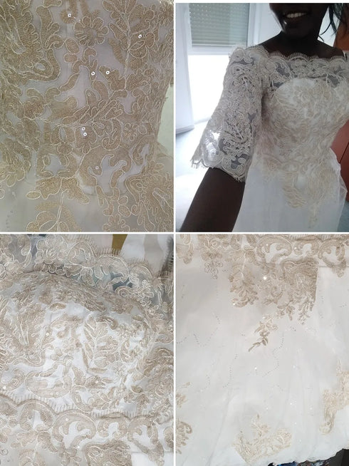 Off The Shoulder Half Sleeve Wedding Dress Lace Applique Plus Size Ball Gown Customized