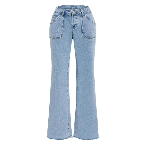 Flared Jeans For Women Mid Waist Distressed Denim With Pockets Button