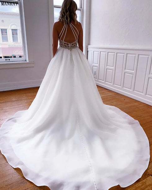 Customized A-Line Boho Wedding Dresses with Organza High Neck Crystals Bridal Gowns with Pockets