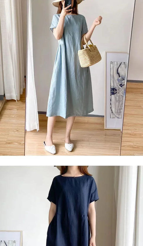 Loose Fit Slimming Cotton Linen Dress for Women Summer Plus Size Mid-Length Skirt