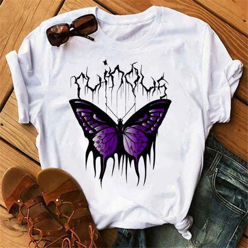 Womens Butterfly Tree Print Harajuku T-Shirt Casual Short Sleeve Summer Top