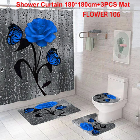 Red Rose and Butterfly Bathroom Mat and Shower Curtain Set Waterproof Eco-Friendly Design