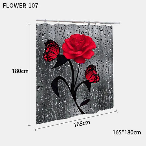 Red Rose and Butterfly Bathroom Mat and Shower Curtain Set Waterproof Eco-Friendly Design