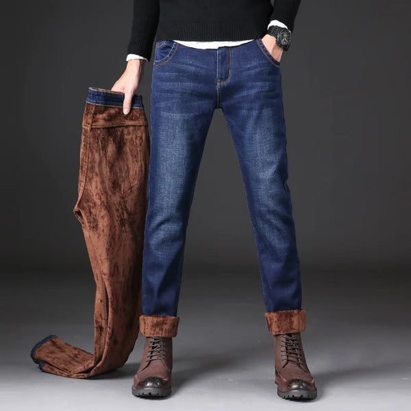 Men's Warm Jeans Business Casual Thick Slim Denim Pants