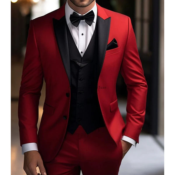Costume Homme Red Jacket Pants with Black Vest Slim Fit Wedding Outfits