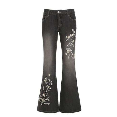 Floral Embroidery Vintage Low Rise Flared Jeans Women