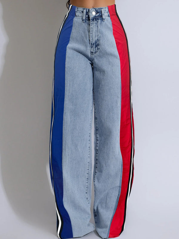 Denim Jeans Patchwork Spliced Mom Straight High Waist Women Pocket Trousers
