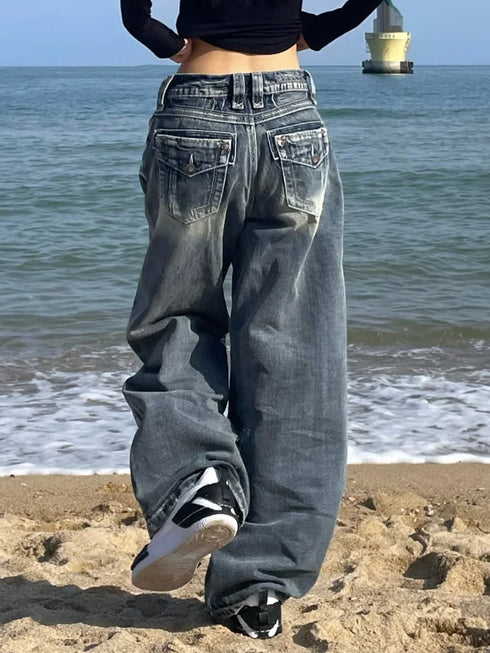 90s Grunge High Waist Wide Leg Denim Pants for Women - Casual Streetwear Style, Perfect for Fall Outfits with Jeans, Oversized Baggy Look