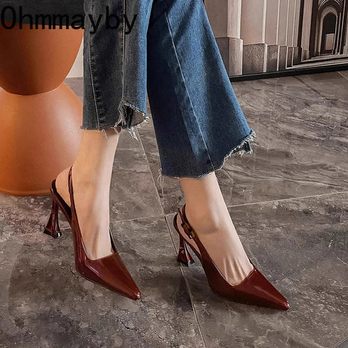 Elegant Pointed Toe Women Sandals Square Heel Strappy