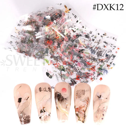 Elegant Chinese Character Nail Art Foils - 10pcs Crane, Bamboo, Gold Fish, and Flower Slider Stickers for Stunning Gel Polish Nail Decoration, Marble Nail Designs, BEDXK12
