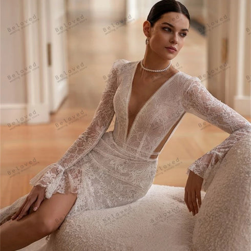 Elegant Bridal Gowns Lace Appliques Deep V Neck Mermaid Wedding Dresses