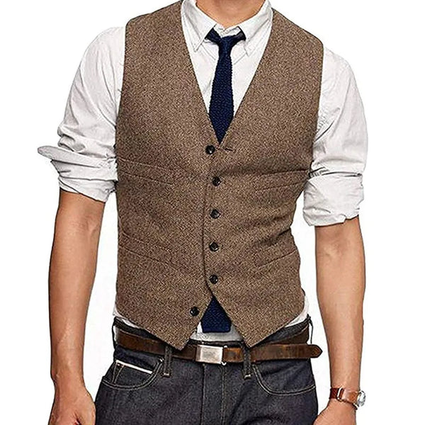 Mens Vests Tweed Herringbone Slim Fit Wedding Waistcoat