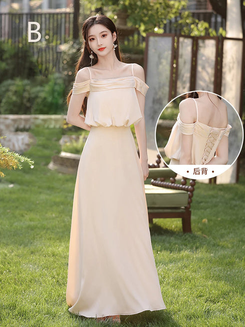 Bridesmaid Dress Satin Off-Shoulder Ruffle A-Line Floor-Length Lace-Up Gown Wedding Dress