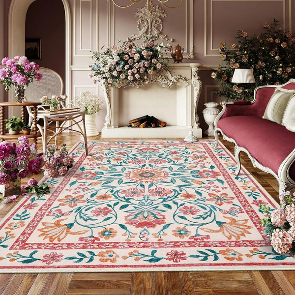 Floral Style Living Room Carpet Machine Washable Large Area Decorative Rug