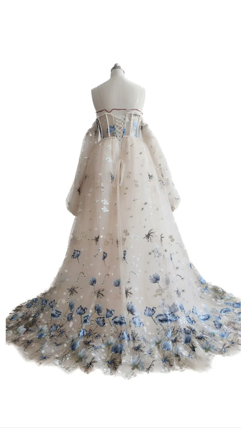 Amanda Princess Flower Lace A-Line Wedding Dress Puffy Sleeve Side Split Bridal Gown