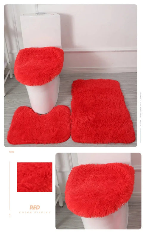 3 Piece Solid Color Bathroom Carpet Set Non-Slip Toilet Lid Cover Rugs Kit