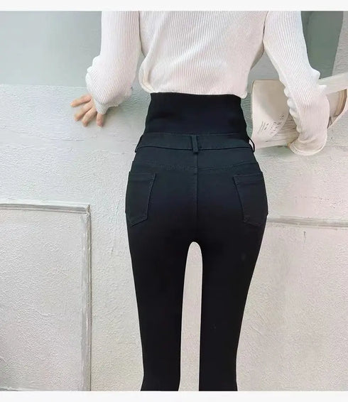 Beige Super High Waist Pencil Jeans Women Korean Slim Denim Pants