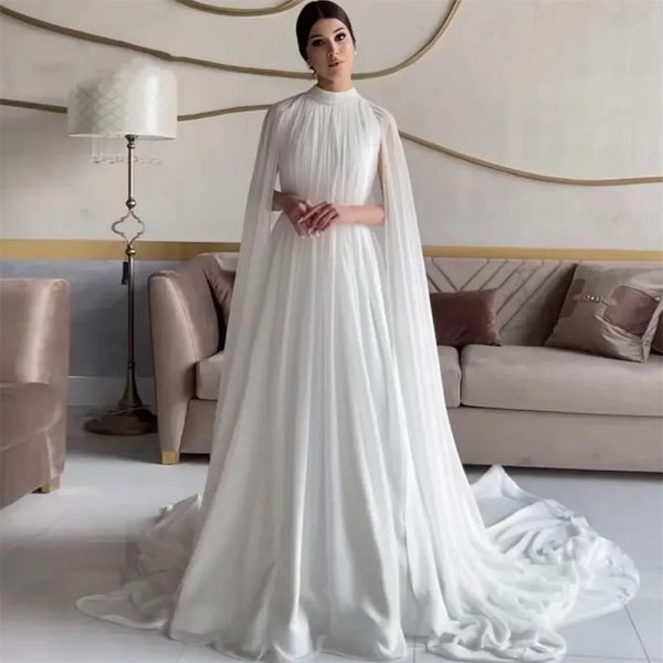 Wedding Dress Cap Sleeves High Neck Chiffon A-Line Bridal Gown with Sweep Train Elegant Minimalist