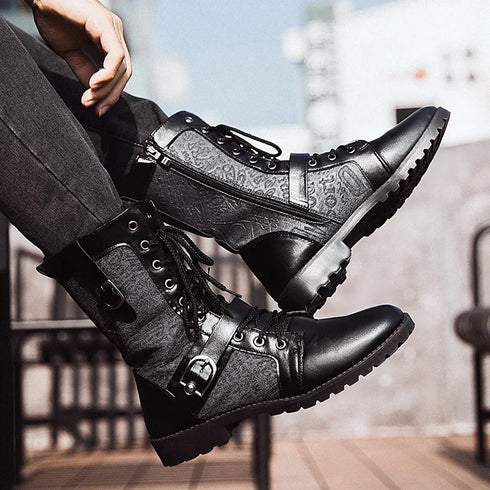 Punk-Inspired Mid-Calf Motorcycle Boots for Men - All-Match Denim Tooling Footwear