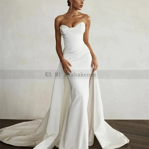 Chic White Satin Mermaid Wedding Dresses with Long Train